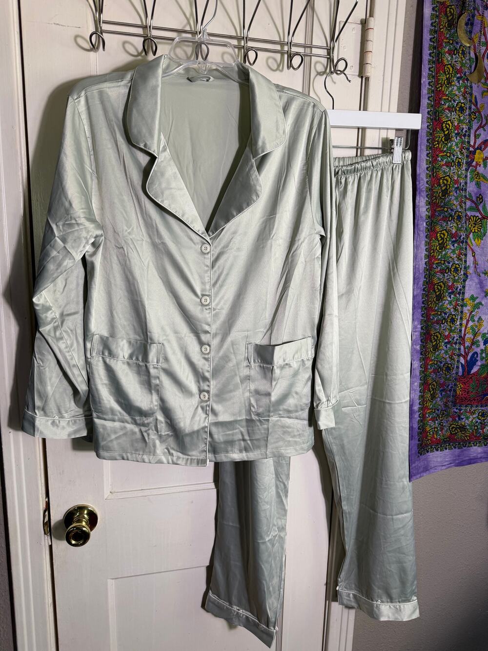 Womens Silver Gray Satin Pajama Set Button Up Long Sleeve Wide Leg PJs - Small